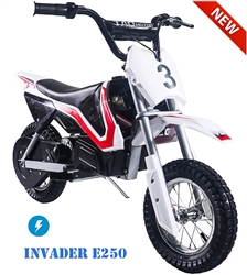 TAO TAO 250 Watt Invader E250 Electric Dirt Bike Automatic 1 speed, 13 mph, Electric Start, Sealed lead acid rechargeable battery, Charger included. Free shipping to your door. Free Motocross helmet. 6 month bumper to bumper warranty.
